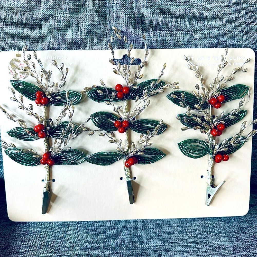 Christmas Holiday Beaded Holly Clip Ornaments Set